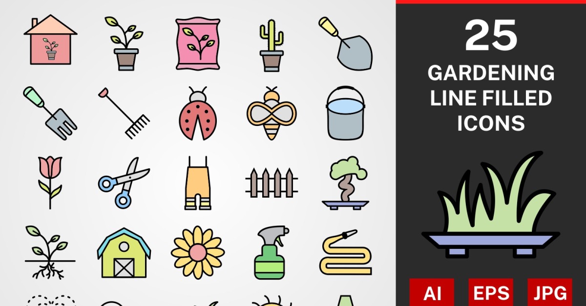 25 Gardening LINE filled PACK Icon Set - TemplateMonster