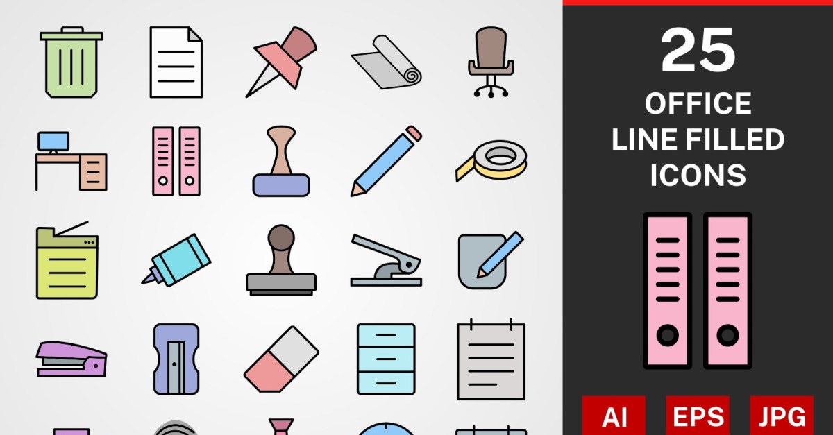 25 Office LINE filled PACK Icon Set #114776 - TemplateMonster
