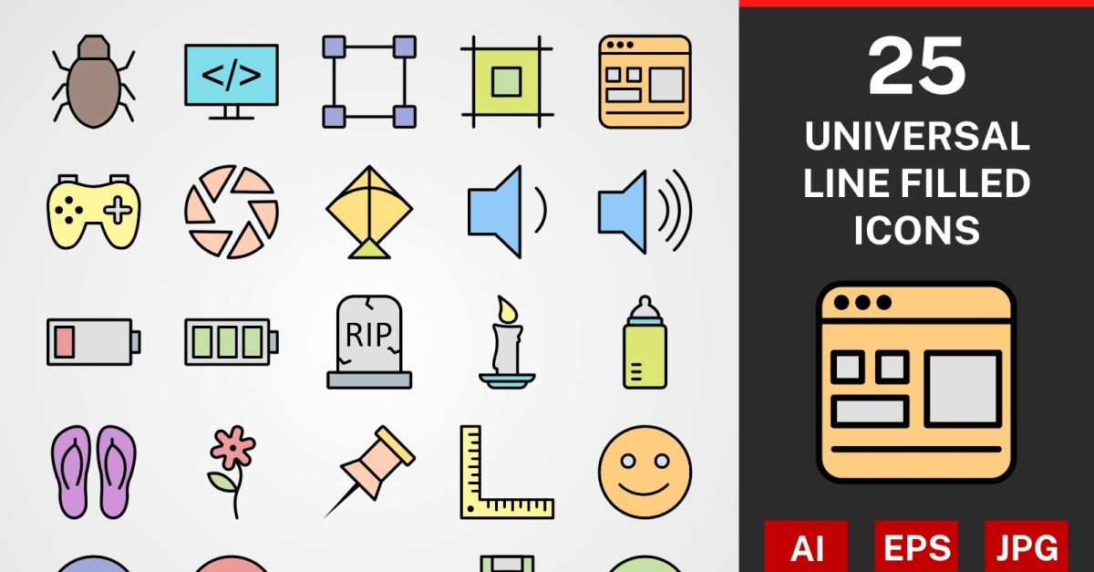 25 Universal LINE filled PACK Icon Set - TemplateMonster
