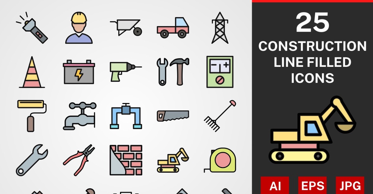 25 Construction LINE FILLED PACK Icon Set - TemplateMonster