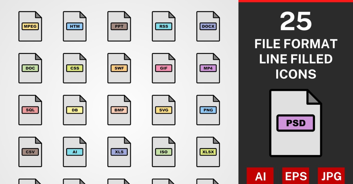 25 File Formats LINE FILLED PACK Icon Set - TemplateMonster