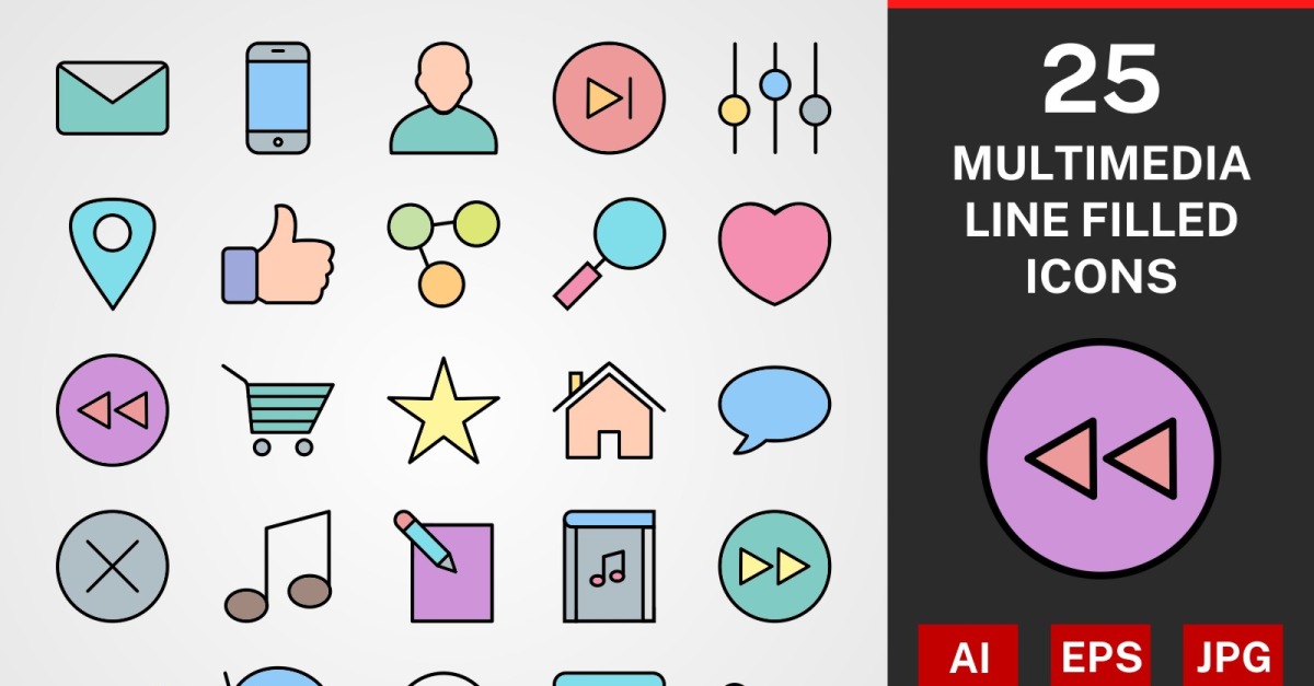 25 Multimedia LINE FILLED PACK Icon Set - TemplateMonster