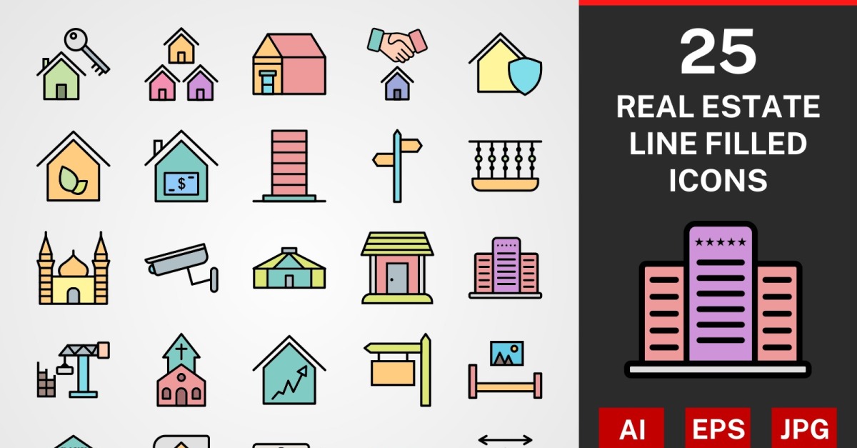 25 Real Estate LINE FILLED PACK Icon Set - TemplateMonster