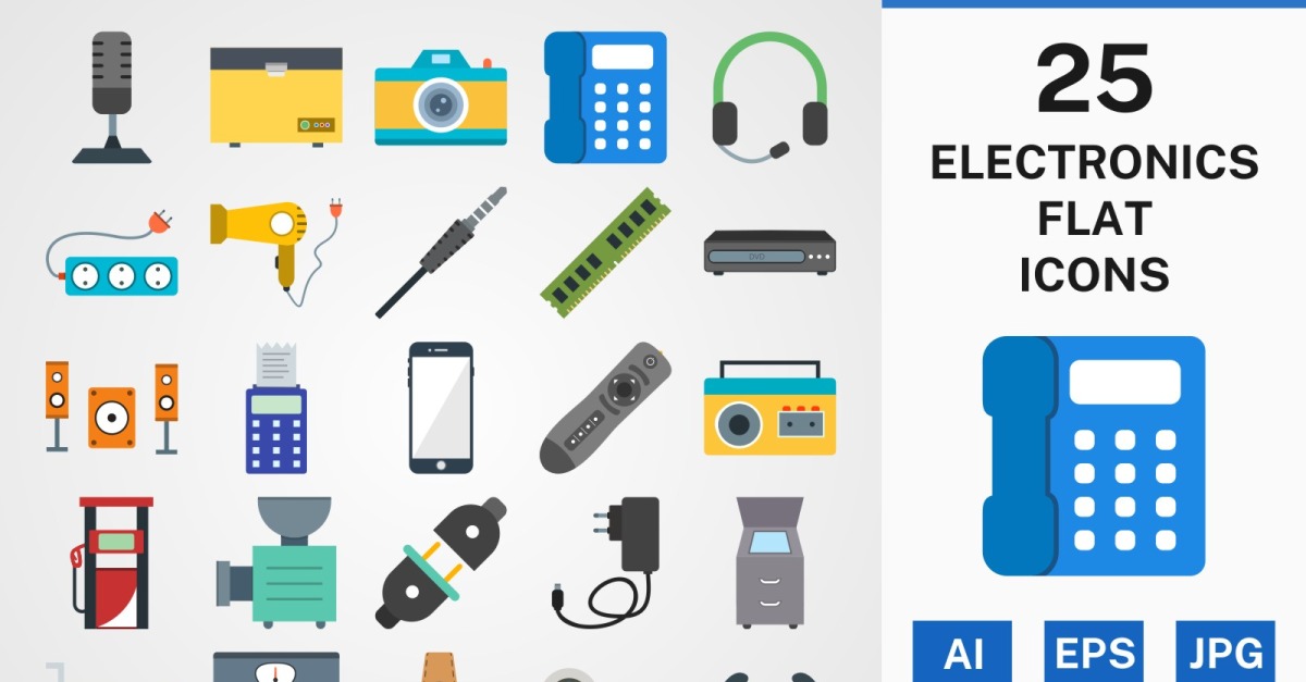 25 ELECTRONIC DEVICES FLAT PACK Icon Set - TemplateMonster