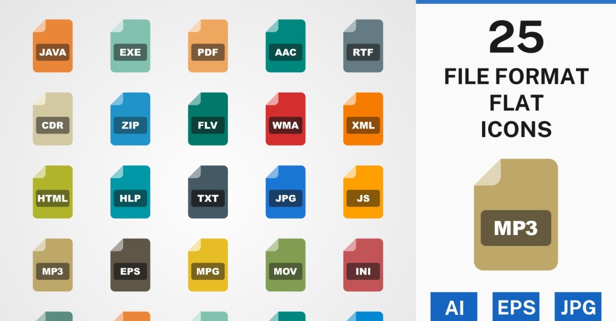 25 FILE FORMAT FLAT PACK Icon Set #115477 - TemplateMonster