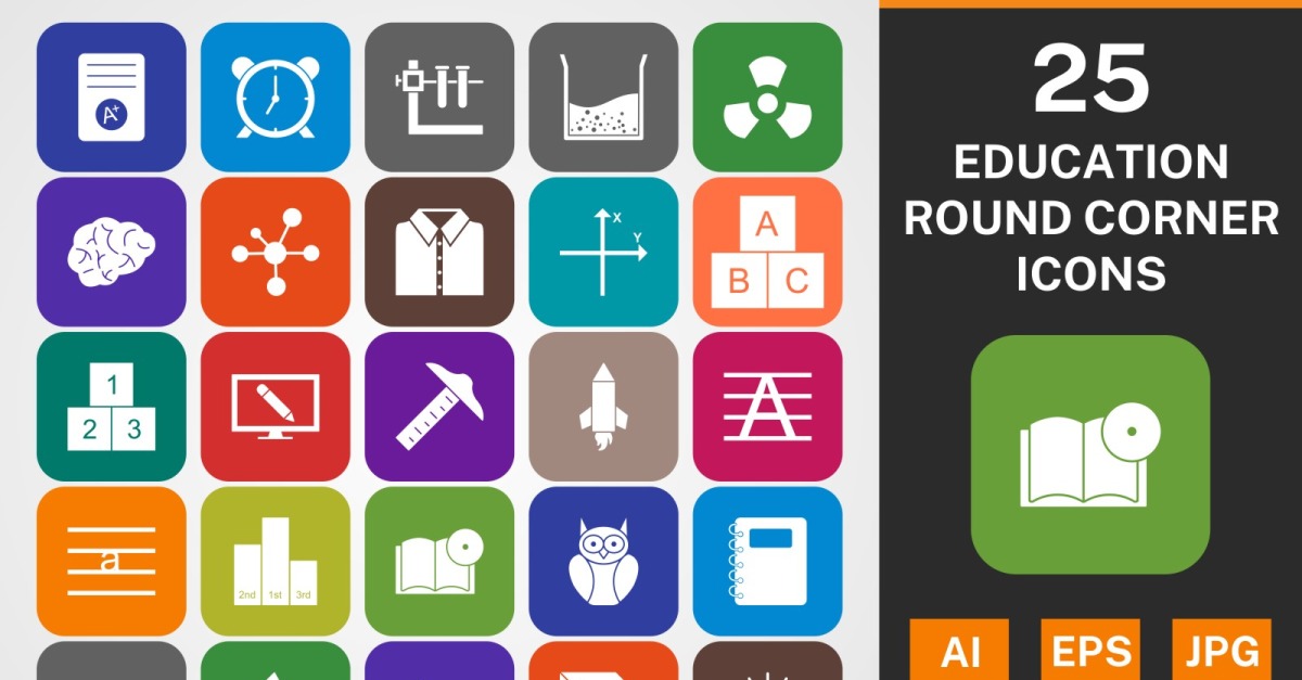 25 EDUCATION ROUND CORNER GLYPH PACK Icon Set