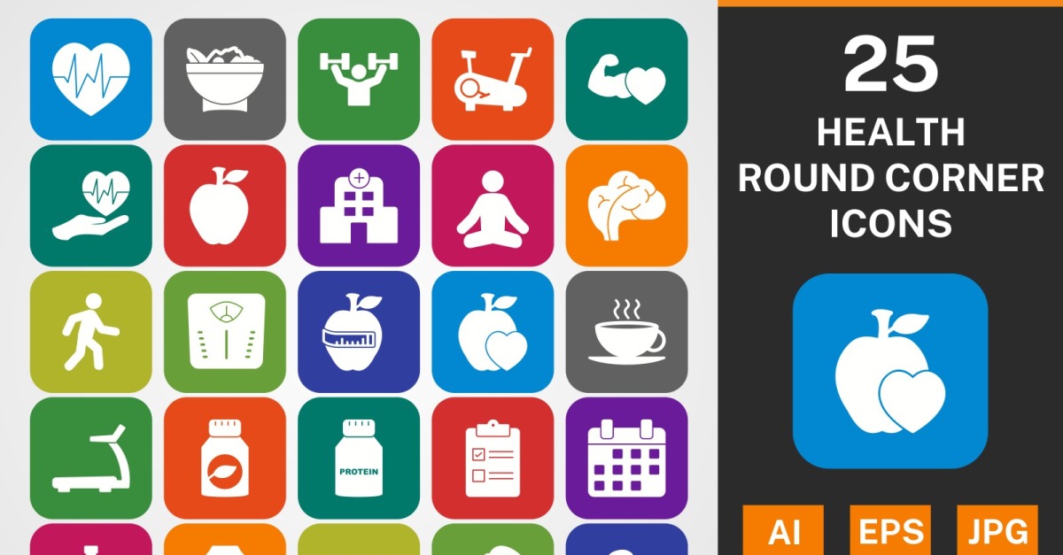 25 HEALTH ROUND CORNER GLYPH PACK Icon Set - TemplateMonster