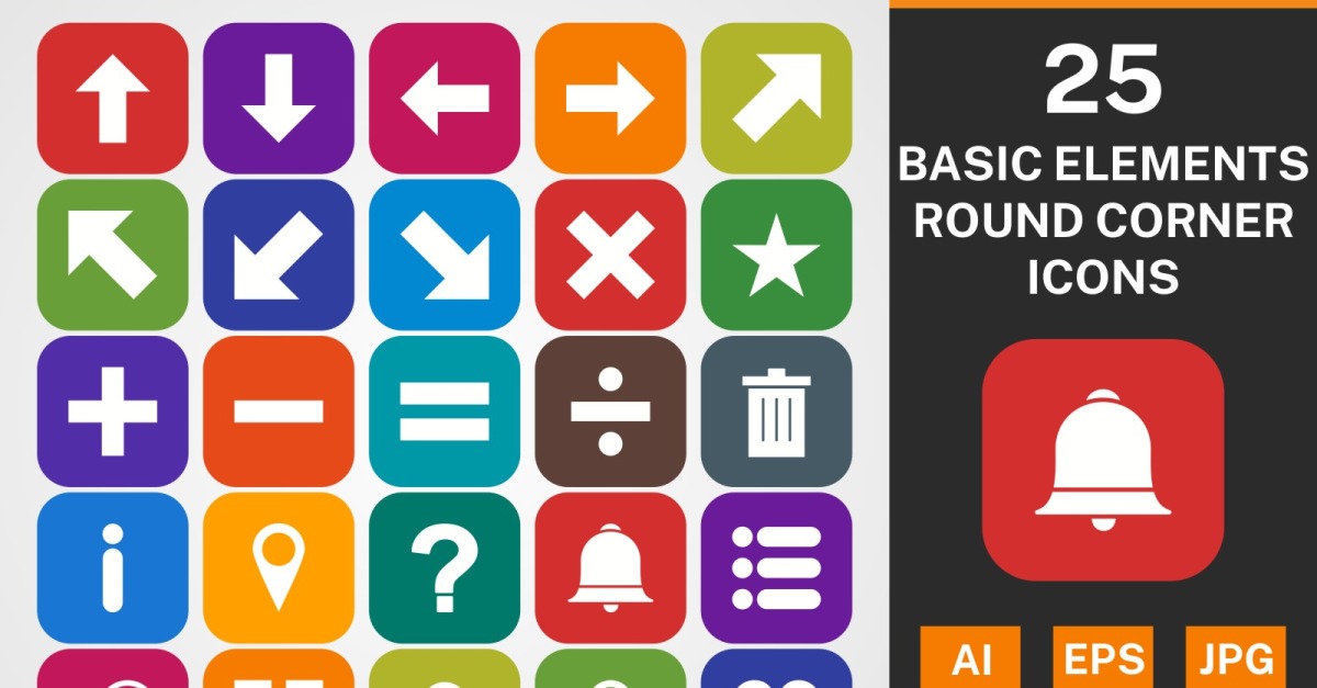 25 BASIC ELEMENTS ROUND CORNER GLYPH PACK Icon Set