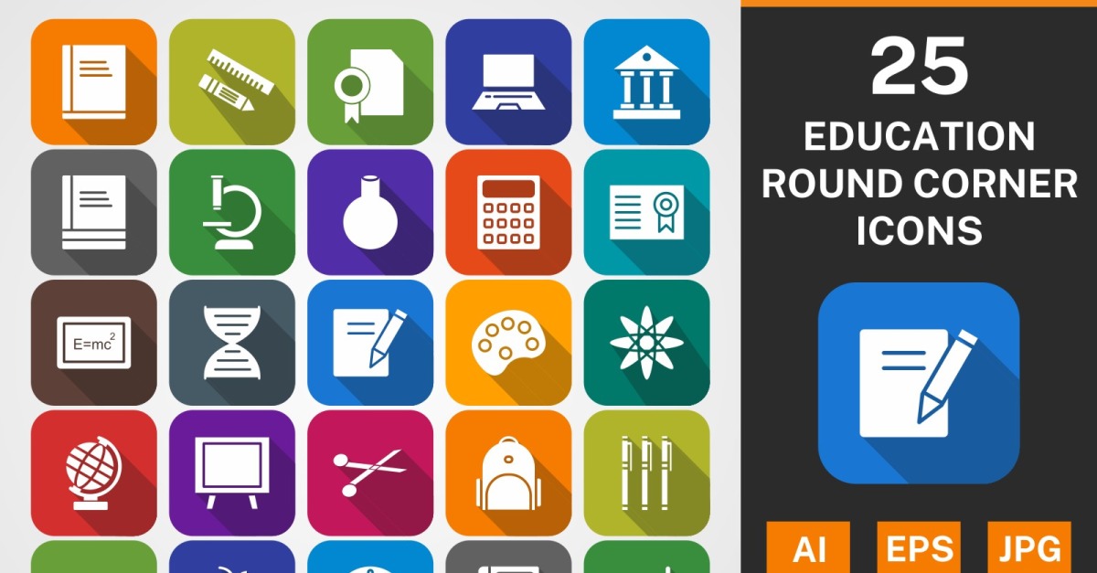 25 EDUCATION Round Corner Shadowed PACK Icon Set