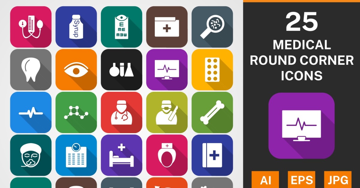 25 MEDICAL Round Corner Shadowed PACK Icon Set
