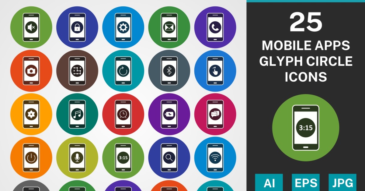 25 MOBILE APPS GLYPH CIRCLE PACK Icon Set - TemplateMonster