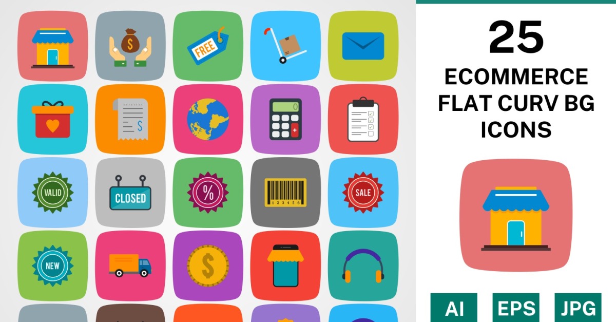 25 ECOMMERCE FLAT CURV BG PACK Icon Set - TemplateMonster