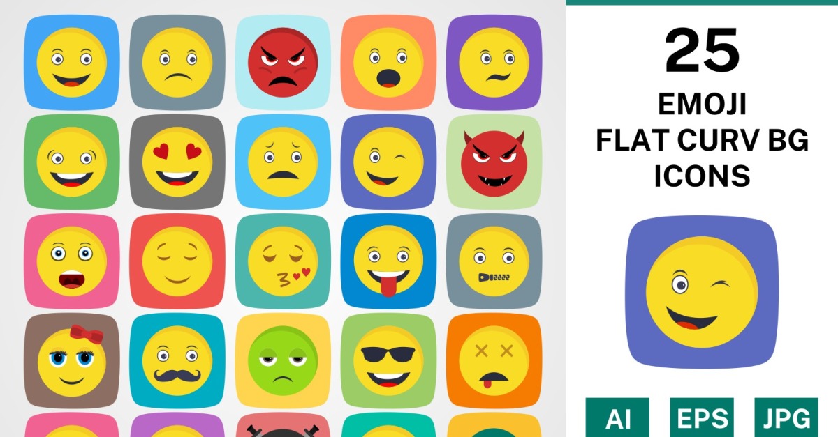 25 EMOJI FLAT CURV BG PACK Icon Set #116793 - TemplateMonster