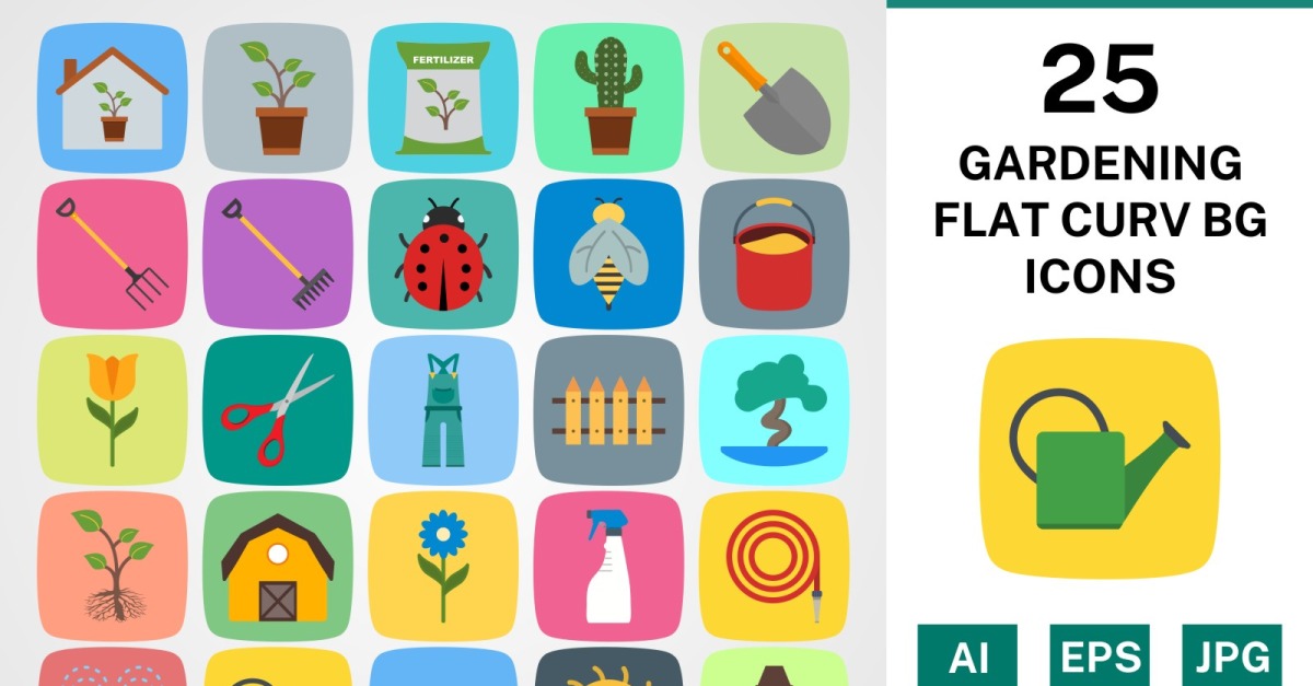 25 GARDENING FLAT CURV BG PACK Icon Set - TemplateMonster