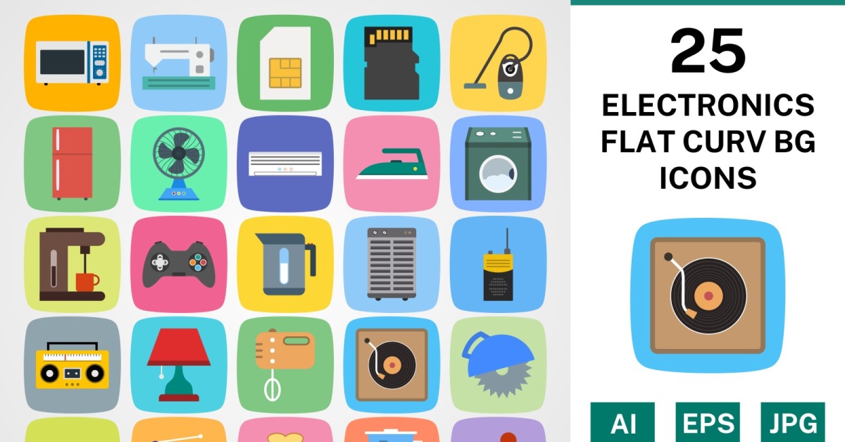 25 ELECTRONIC DEVICES FLAT CURV BG PACK Icon Set