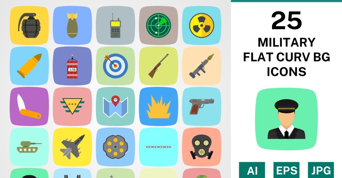 25 MILITARY FLAT CURV BG PACK Icon Set - TemplateMonster