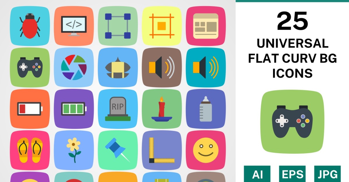 25 UNIVERSAL FLAT CURV BG PACK Icon Set - TemplateMonster