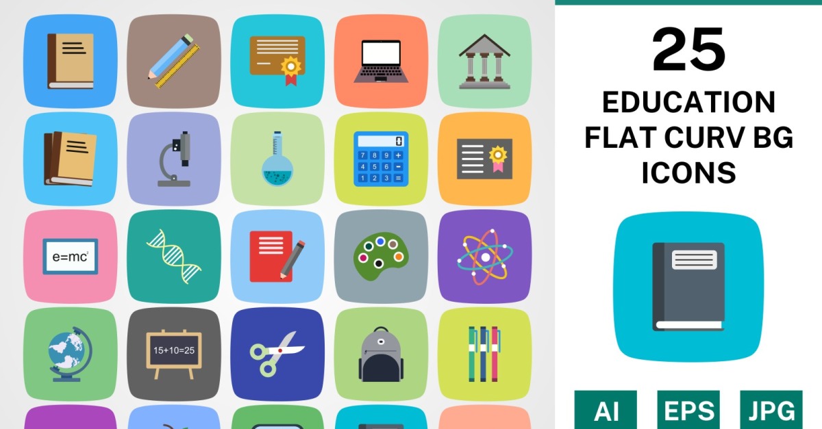 25 EDUCATION FLAT CURV BG PACK Icon Set - TemplateMonster