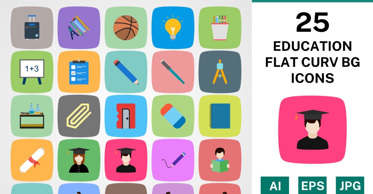 25 EDUCATION FLAT CURV BG PACK Icon Set - TemplateMonster