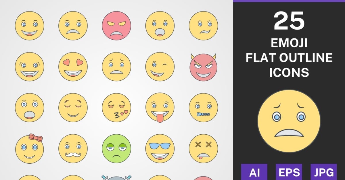 25 EMOJI FLAT OUTLINE PACK Icon Set #116896 - TemplateMonster