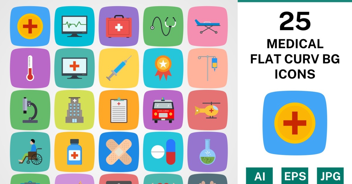 25 MEDICAL FLAT CURV BG PACK Icon Set - TemplateMonster