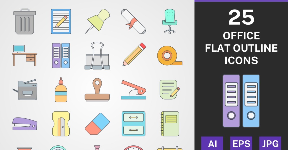 25 OFFICE FLAT OUTLINE PACK Icon Set - TemplateMonster
