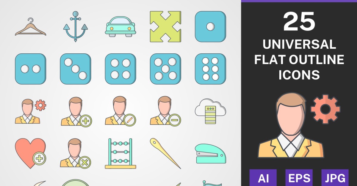 25 UNIVERSAL FLAT OUTLINE PACK Icon Set - TemplateMonster