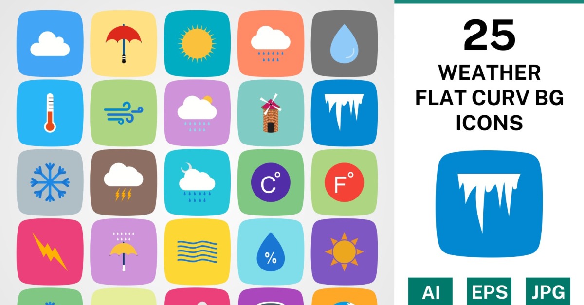 25 WEATHER FLAT CURV BG PACK Icon Set - TemplateMonster