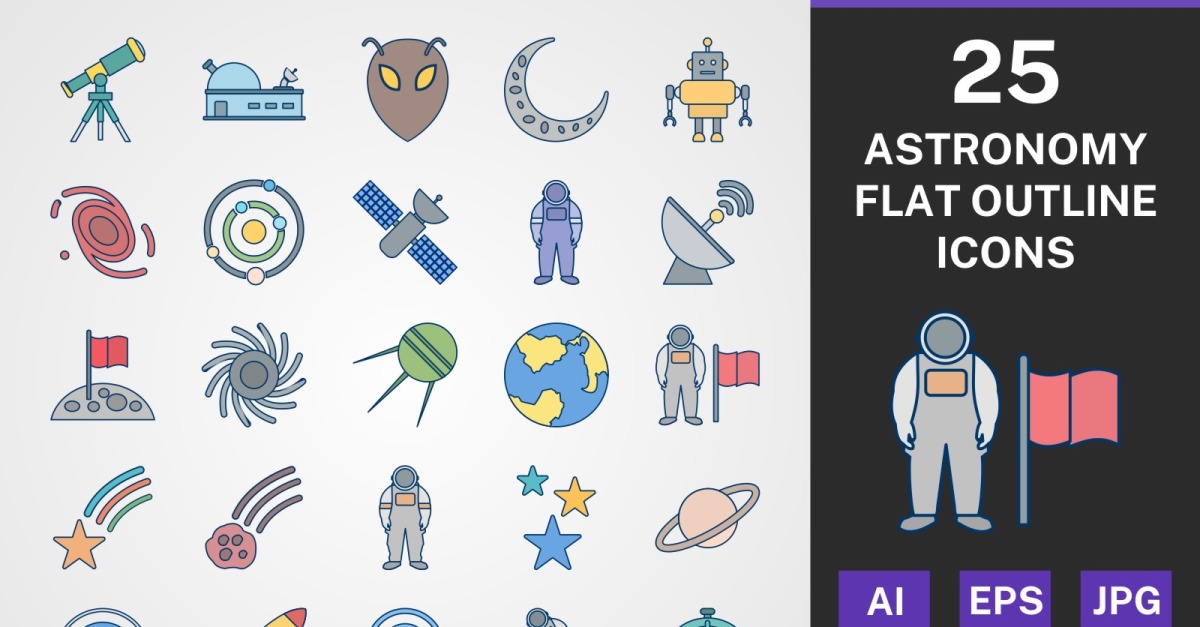 25 ASTRONOMY FLAT OUTLINE PACK Icon Set - TemplateMonster