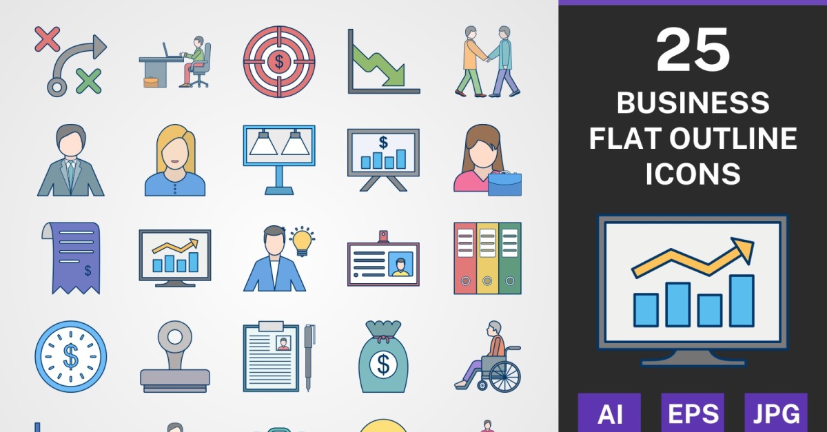 25 BUSINESS FLAT OUTLINE PACK Icon Set - TemplateMonster