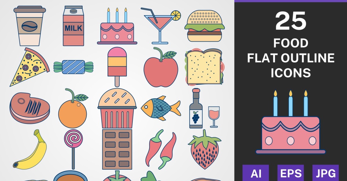 25 FOOD FLAT OUTLINE PACK Icon Set #116916 - TemplateMonster