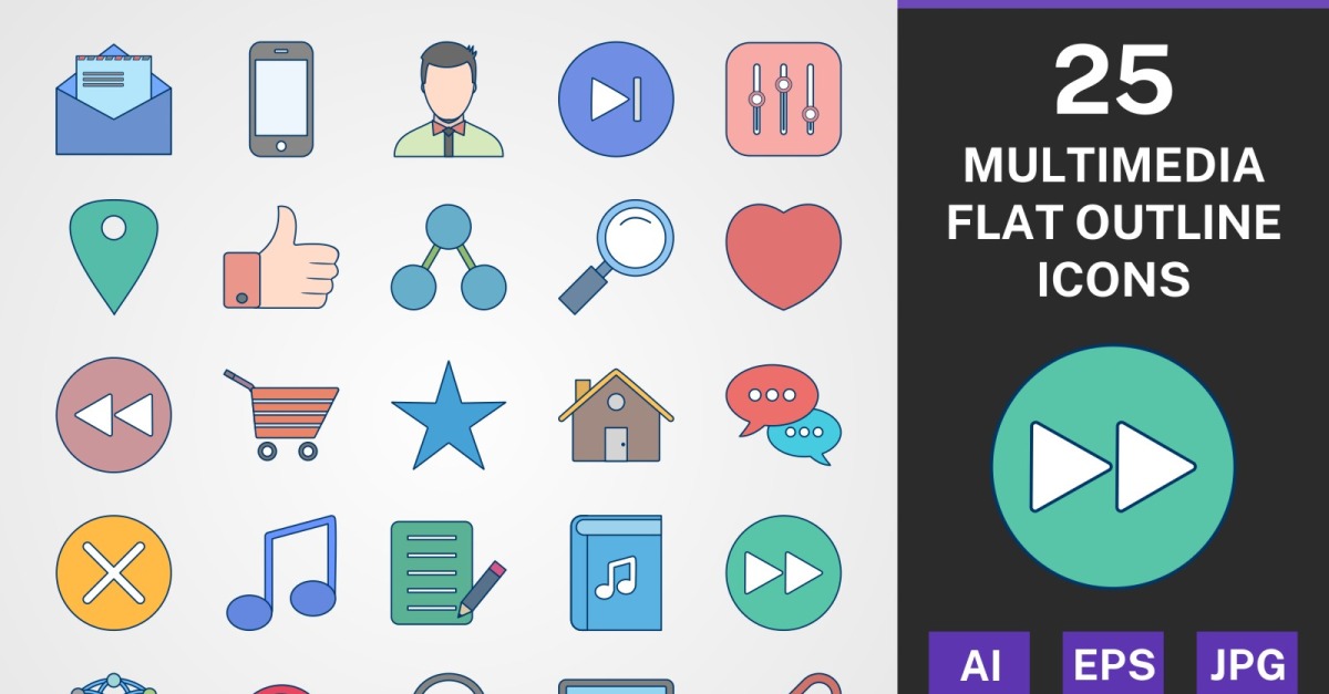 25 MULTIMEIA FLAT OUTLINE PACK Icon Set - TemplateMonster