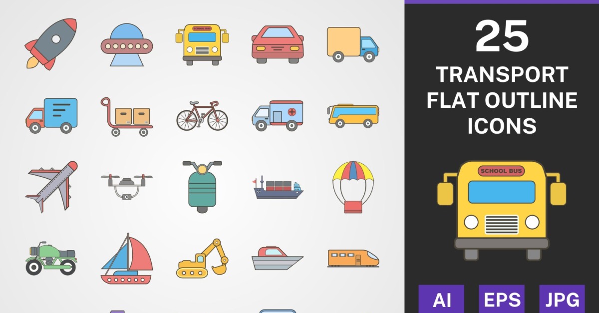 25 TRANSPORT FLAT OUTLINE PACK Icon Set - TemplateMonster