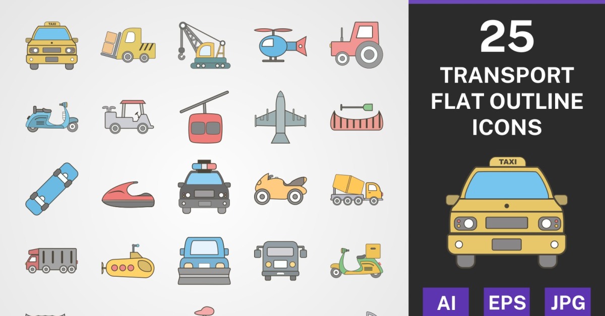 25 TRANSPORT FLAT OUTLINE PACK Icon Set - TemplateMonster