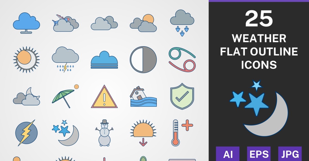 25 WEATHER FLAT OUTLINE PACK Icon Set - TemplateMonster