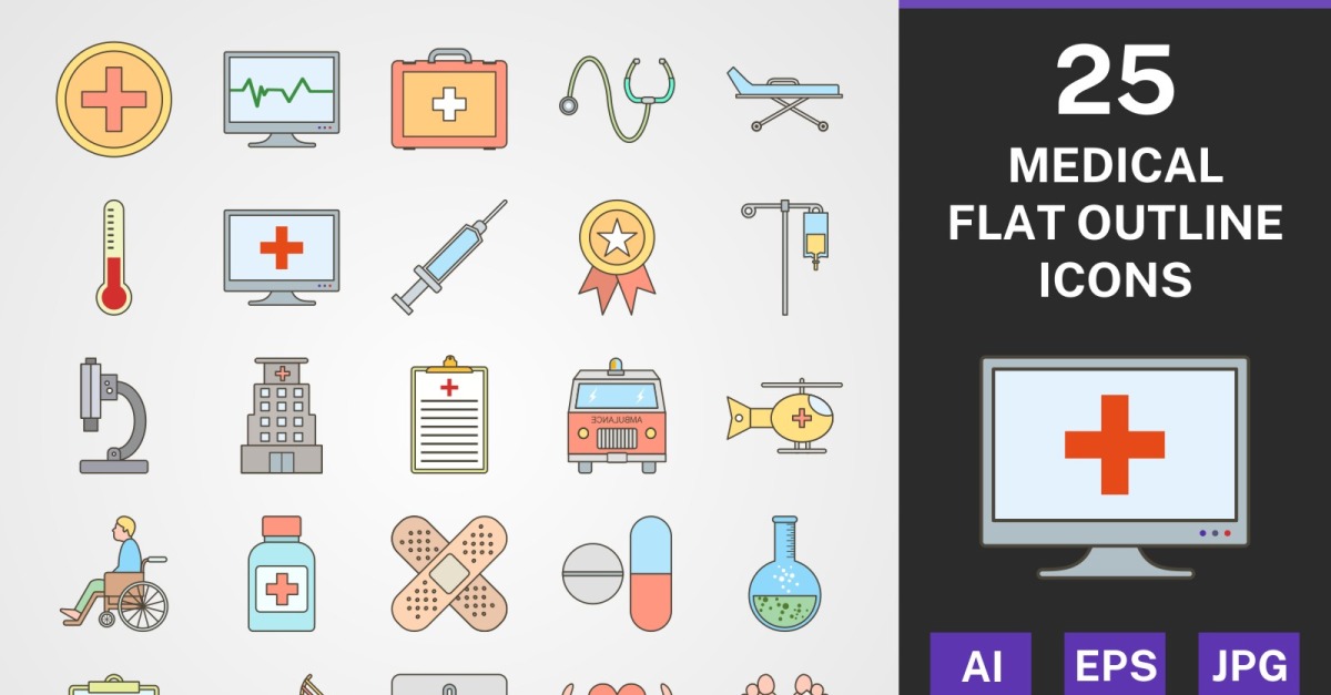 25 MEDICAL FLAT OUTLINE PACK Icon Set - TemplateMonster
