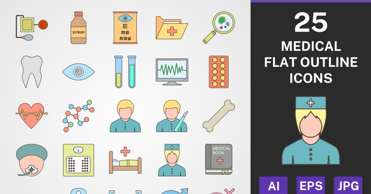 25 MEDICAL FLAT OUTLINE PACK Icon Set - TemplateMonster