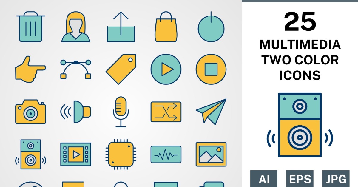 25 MULTIMEDIA FILLED TWO COLORS PACK Icon Set
