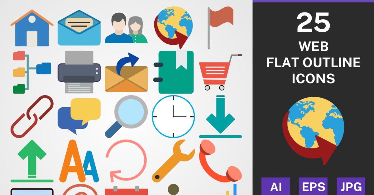 25 WEB FLAT OUTLINE PACK Icon Set #117039 - TemplateMonster