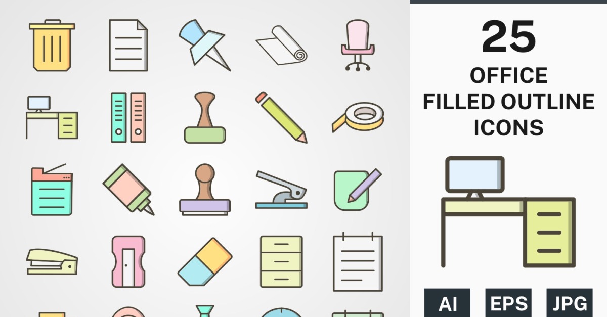 25 OFFICE FILLED OUTLINE PACK Icon Set - TemplateMonster