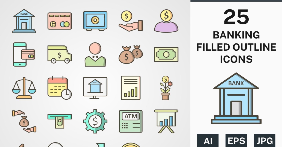 25 BANKING FILLED OUTLINE PACK Icon Set - TemplateMonster
