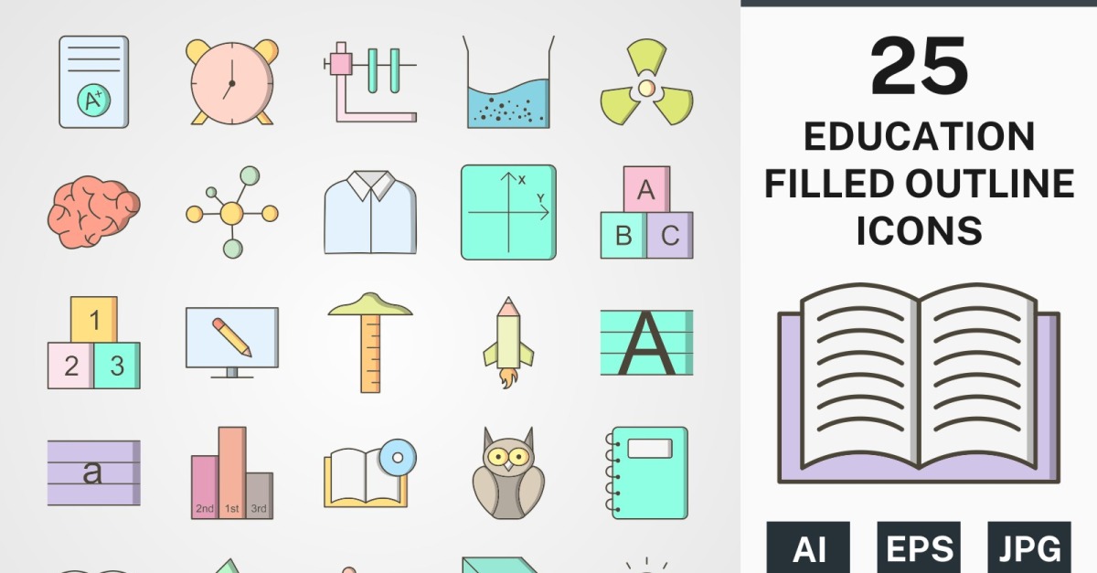 25 EDUCATION FILLED OUTLINE PACK Icon Set - TemplateMonster