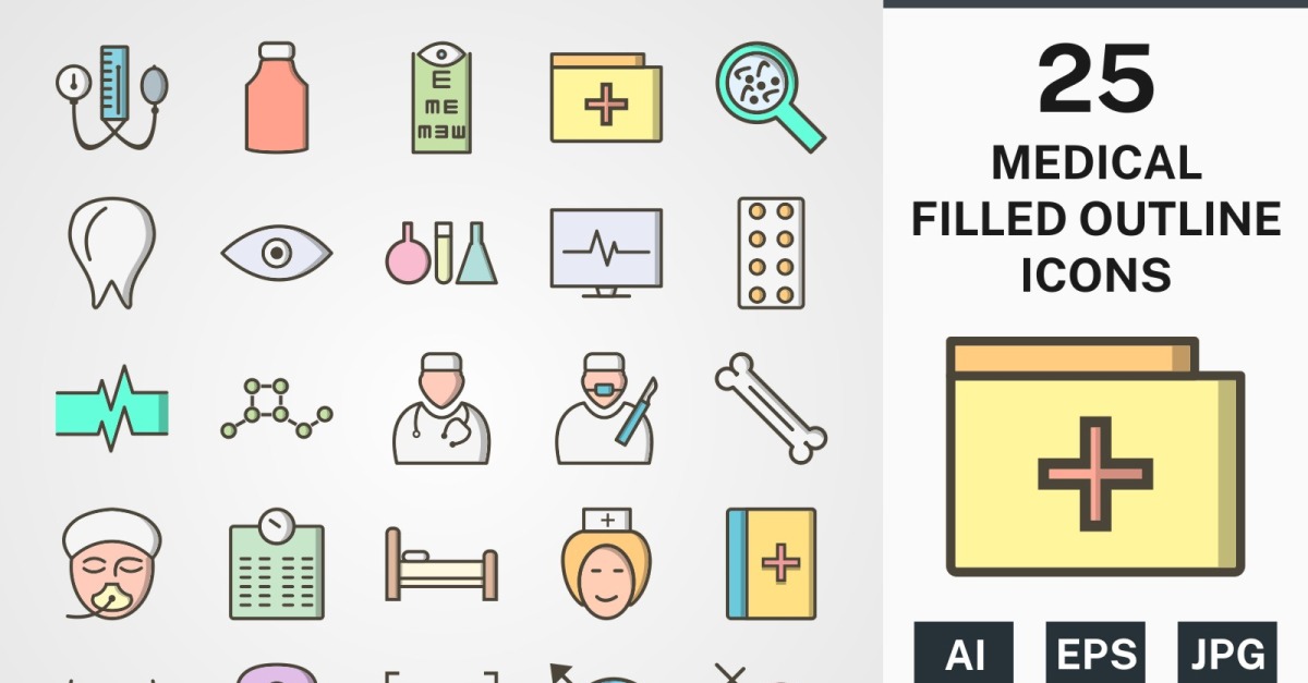 25 MEDICAL FILLED OUTLINE PACK Icon Set - TemplateMonster