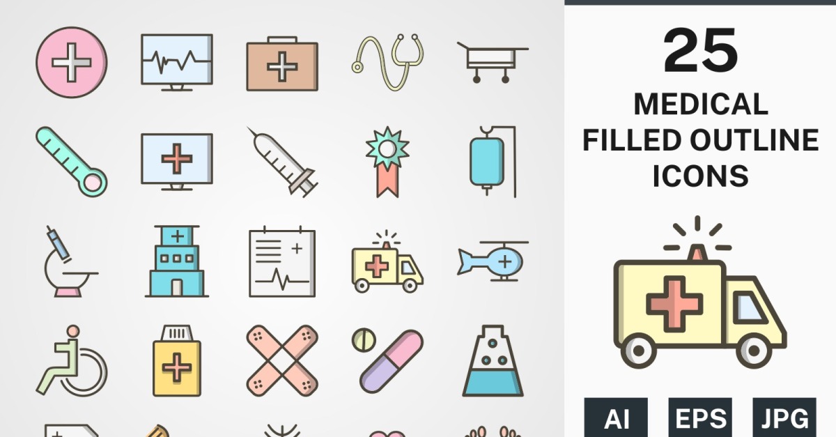 25 MEDICAL FILLED OUTLINE PACK Icon Set - TemplateMonster