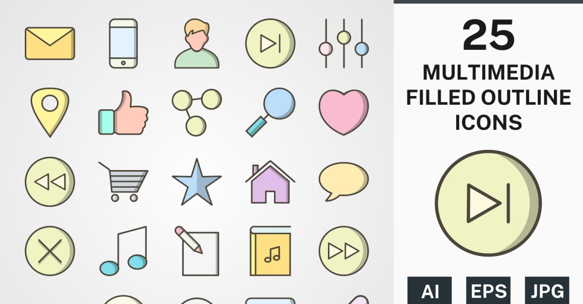 25 MULTIMEDIA FILLED OUTLINE PACK Icon Set - TemplateMonster