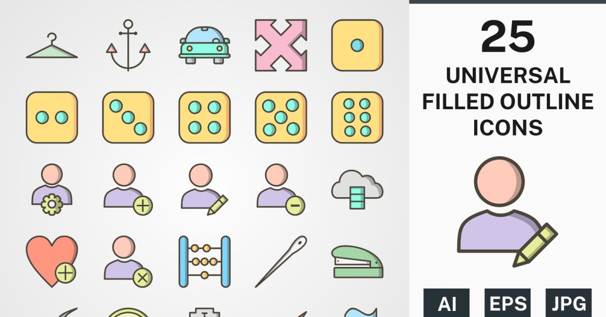 25 UNIVERSAL FILLED OUTLINE PACK Icon Set - TemplateMonster