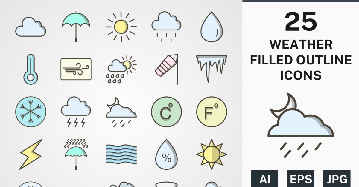 25 WEATHER FILLED OUTLINE PACK Icon Set - TemplateMonster