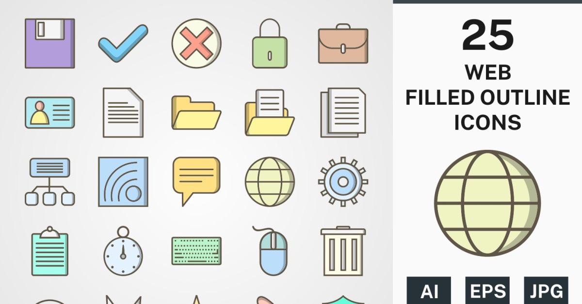 25 WEB FILLED OUTLINE PACK Icon Set #117372 - TemplateMonster