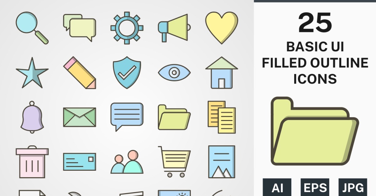 25 BASIC UI FILLED OUTLINE PACK Icon Set - TemplateMonster