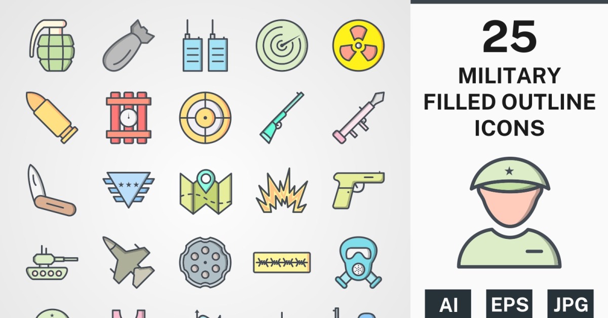 25 MILITARY FILLED OUTLINE PACK Icon Set - TemplateMonster